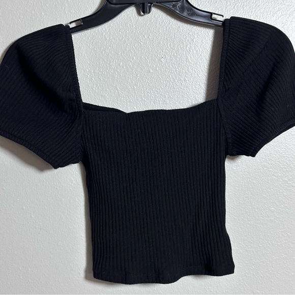 H&M Women Black Ribbed Cropped Top Puff Sleeve Square Neck size XS. - Picture 2 of 7